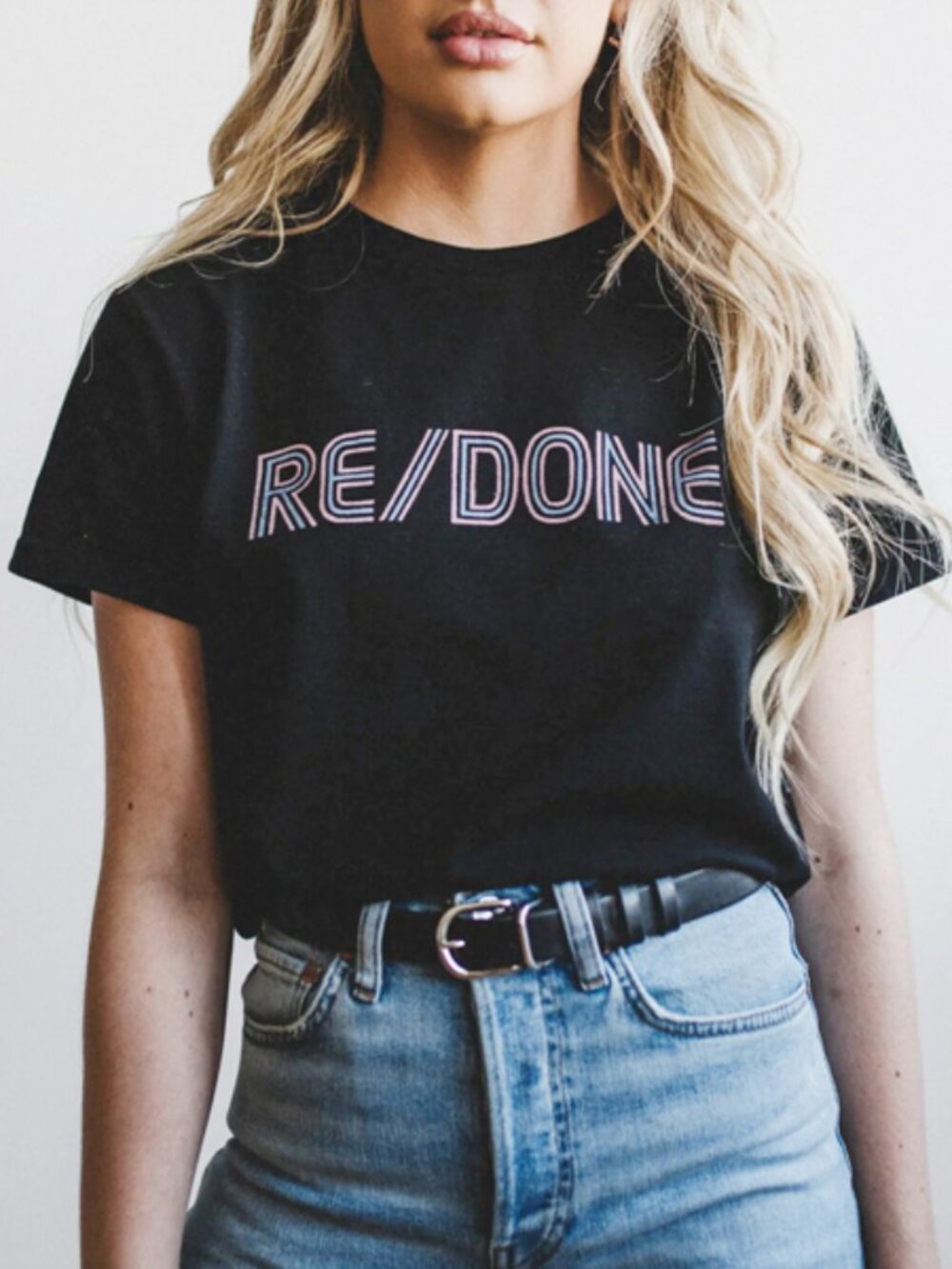 NWT $150 Re/Done Black Stripe Logo Print Classic Short Sleeve Tee T-Shirt S